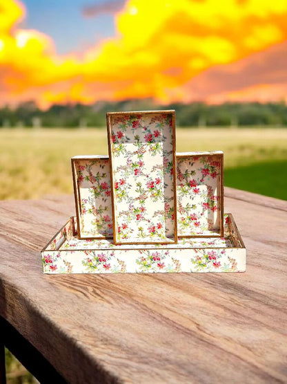 Wooden Serving Trays with Handle - 3PC Set for Coffee Table, Home Decor, Kitchen, Ottoman, BBQ, Parties - Rectangular Platter for Breakfast, Lunch & Dinner, Stylish - Light Pink