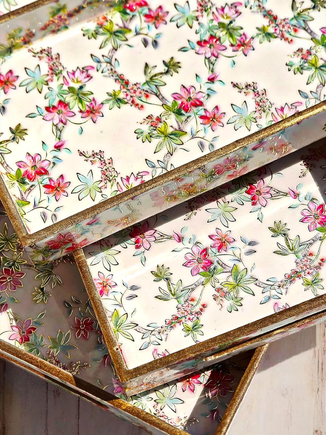 Wooden Serving Trays with Handle - 3PC Set for Coffee Table, Home Decor, Kitchen, Ottoman, BBQ, Parties - Rectangular Platter for Breakfast, Lunch & Dinner, Stylish - Light Pink