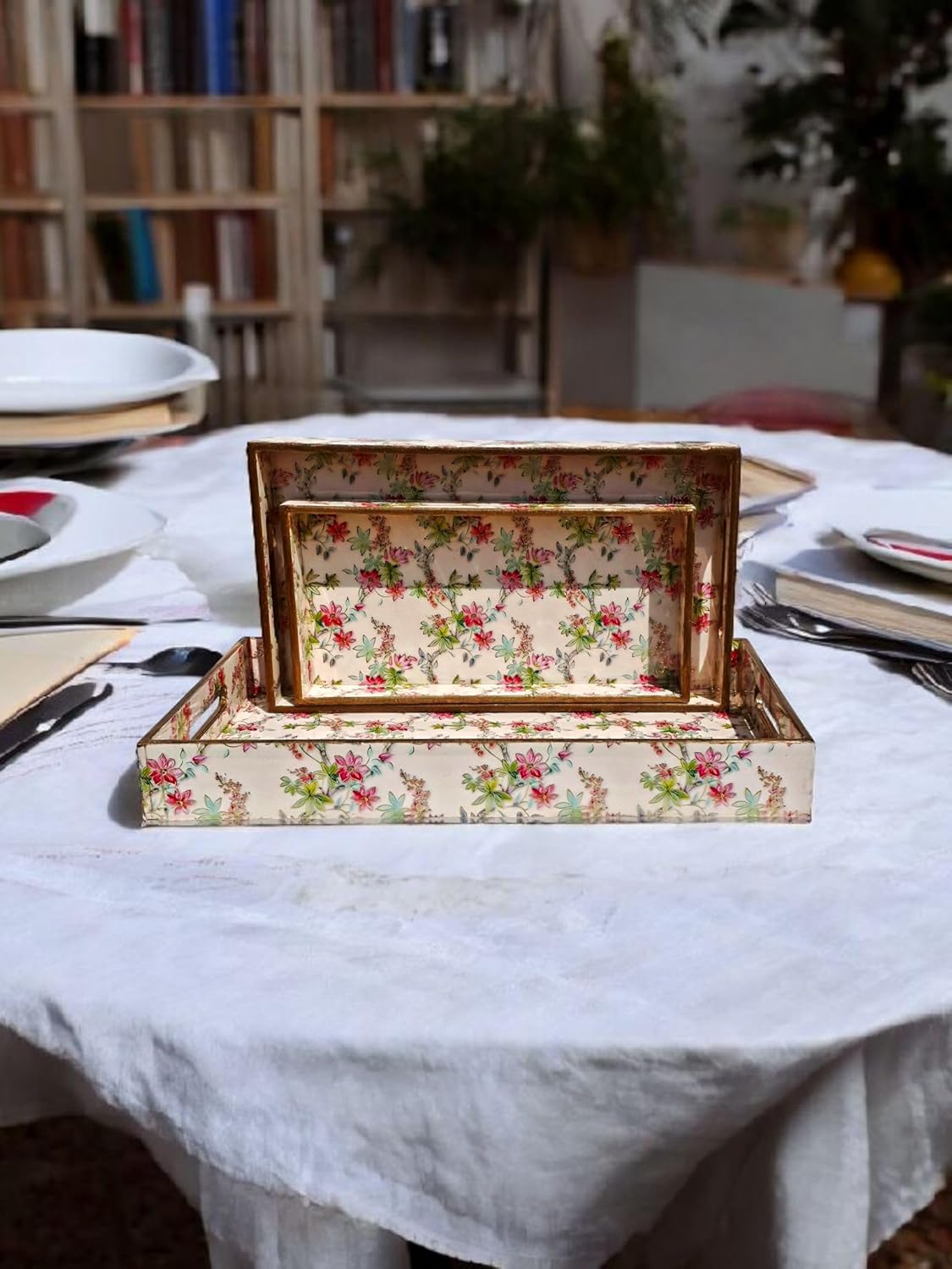 Wooden Serving Trays with Handle - 3PC Set for Coffee Table, Home Decor, Kitchen, Ottoman, BBQ, Parties - Rectangular Platter for Breakfast, Lunch & Dinner, Stylish - Light Pink