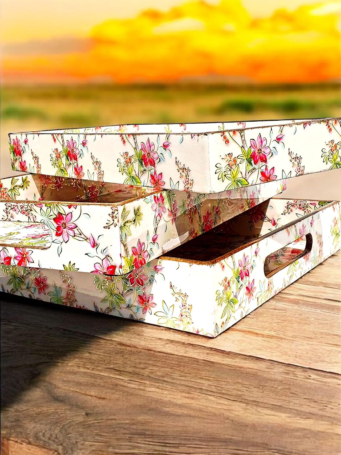 Wooden Serving Trays with Handle - 3PC Set for Coffee Table, Home Decor, Kitchen, Ottoman, BBQ, Parties - Rectangular Platter for Breakfast, Lunch & Dinner, Stylish - Light Pink