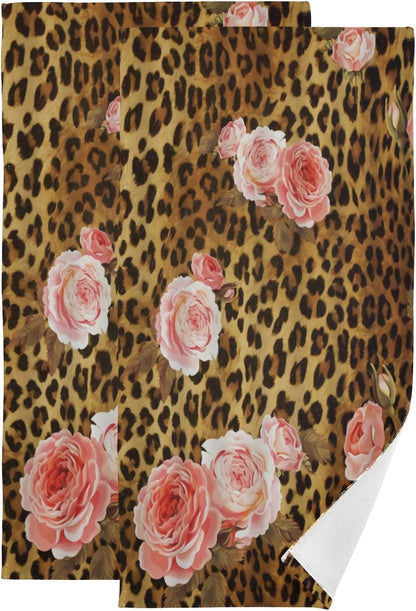 Pink Rose Hand Towels for Bathroom Set of 2 Leopard Flower Cute Mix Wild Animal Creative Modern Art Soft Absorbent Small Bath Towels Decorative Towel Multipurpose for Hotel,Gym,Spa 28x14in
