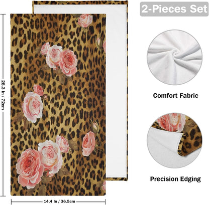 Pink Rose Hand Towels for Bathroom Set of 2 Leopard Flower Cute Mix Wild Animal Creative Modern Art Soft Absorbent Small Bath Towels Decorative Towel Multipurpose for Hotel,Gym,Spa 28x14in