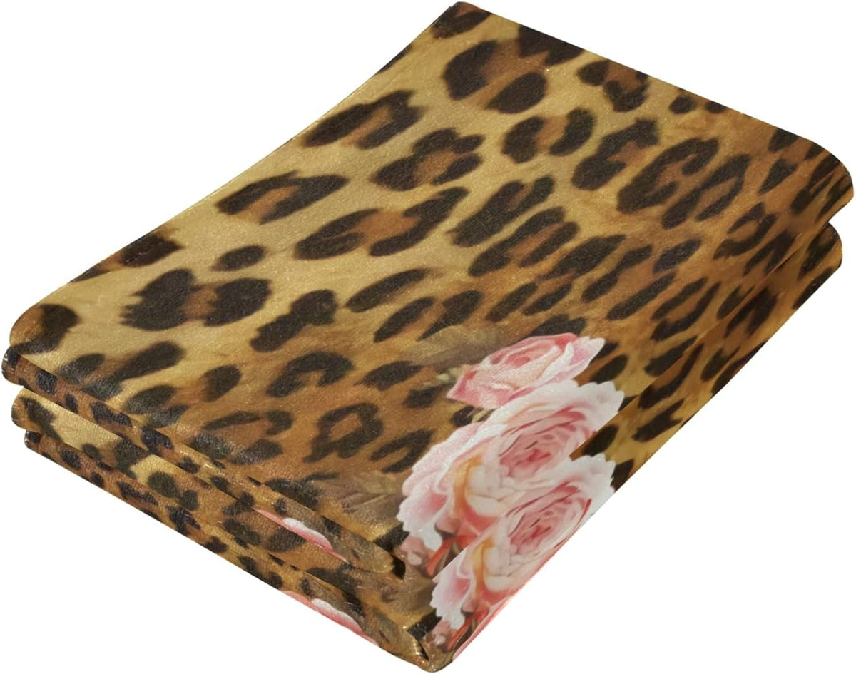 Pink Rose Hand Towels for Bathroom Set of 2 Leopard Flower Cute Mix Wild Animal Creative Modern Art Soft Absorbent Small Bath Towels Decorative Towel Multipurpose for Hotel,Gym,Spa 28x14in