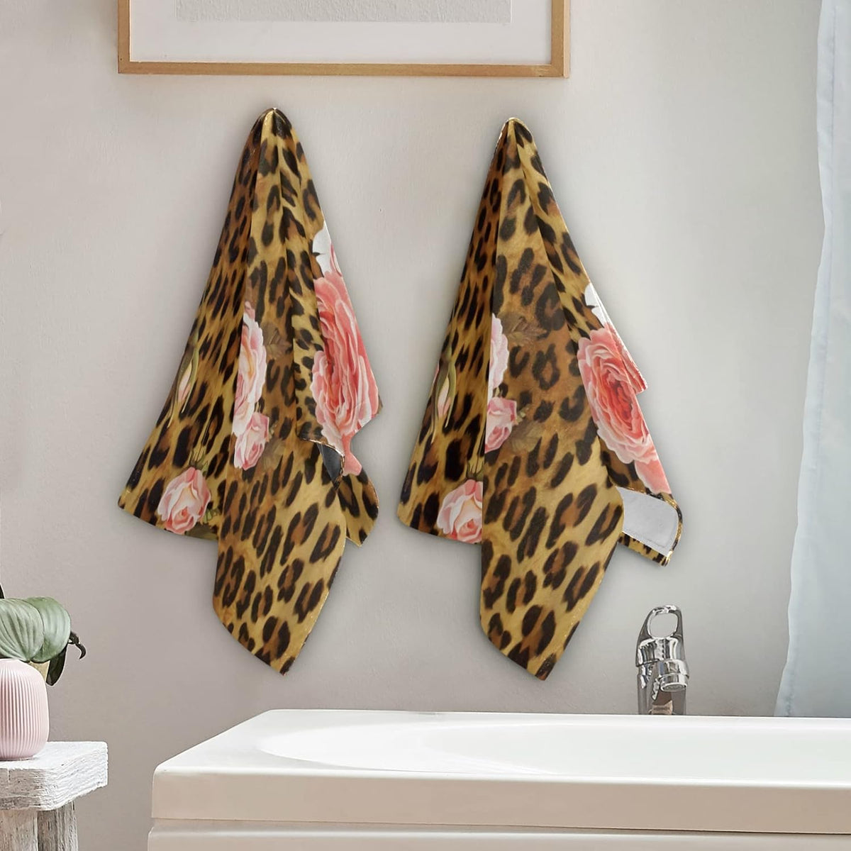 Pink Rose Hand Towels for Bathroom Set of 2 Leopard Flower Cute Mix Wild Animal Creative Modern Art Soft Absorbent Small Bath Towels Decorative Towel Multipurpose for Hotel,Gym,Spa 28x14in