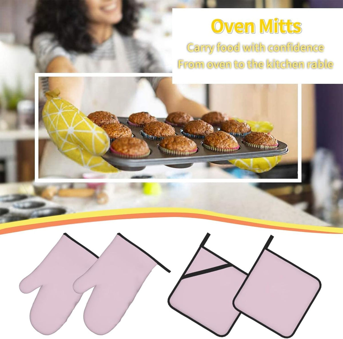 4PCS Oven Mitts and Pot Holders Sets, Solid Color Light Pale Pink Oven Mitts Set Heat Resistant Kitchen Microwave Gloves Safe for Baking,Cooking, BBQ