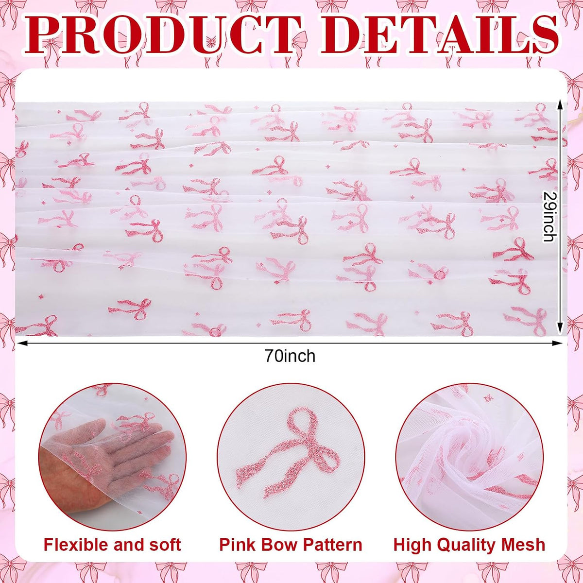 4 Pcs Pink Bow Table Runner 29x70 White Tulle Lace