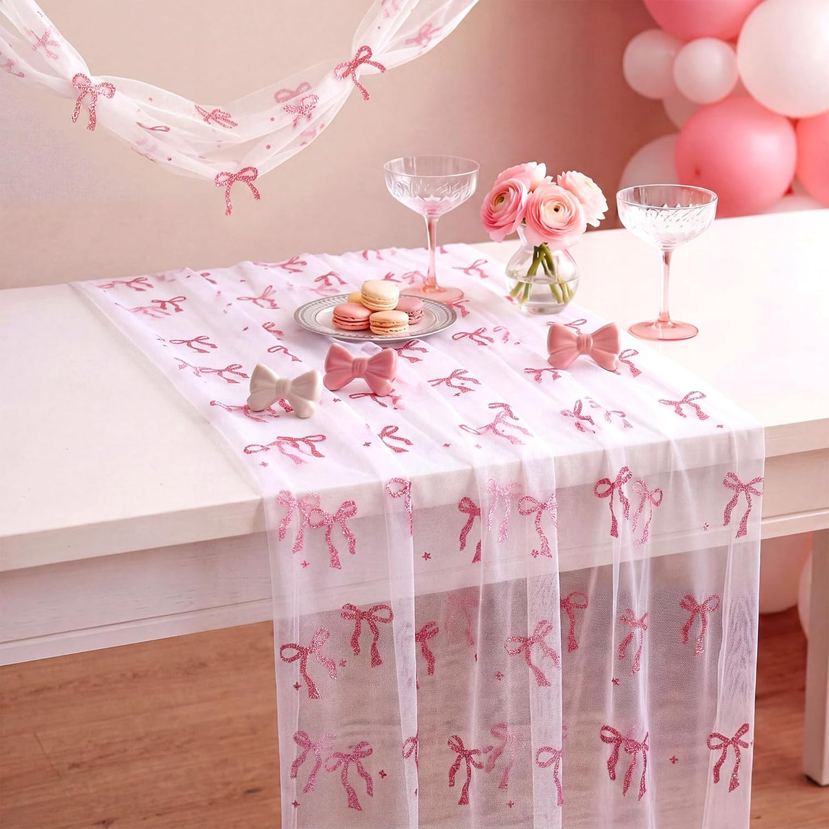 4 Pcs Pink Bow Table Runner 29x70 White Tulle Lace
