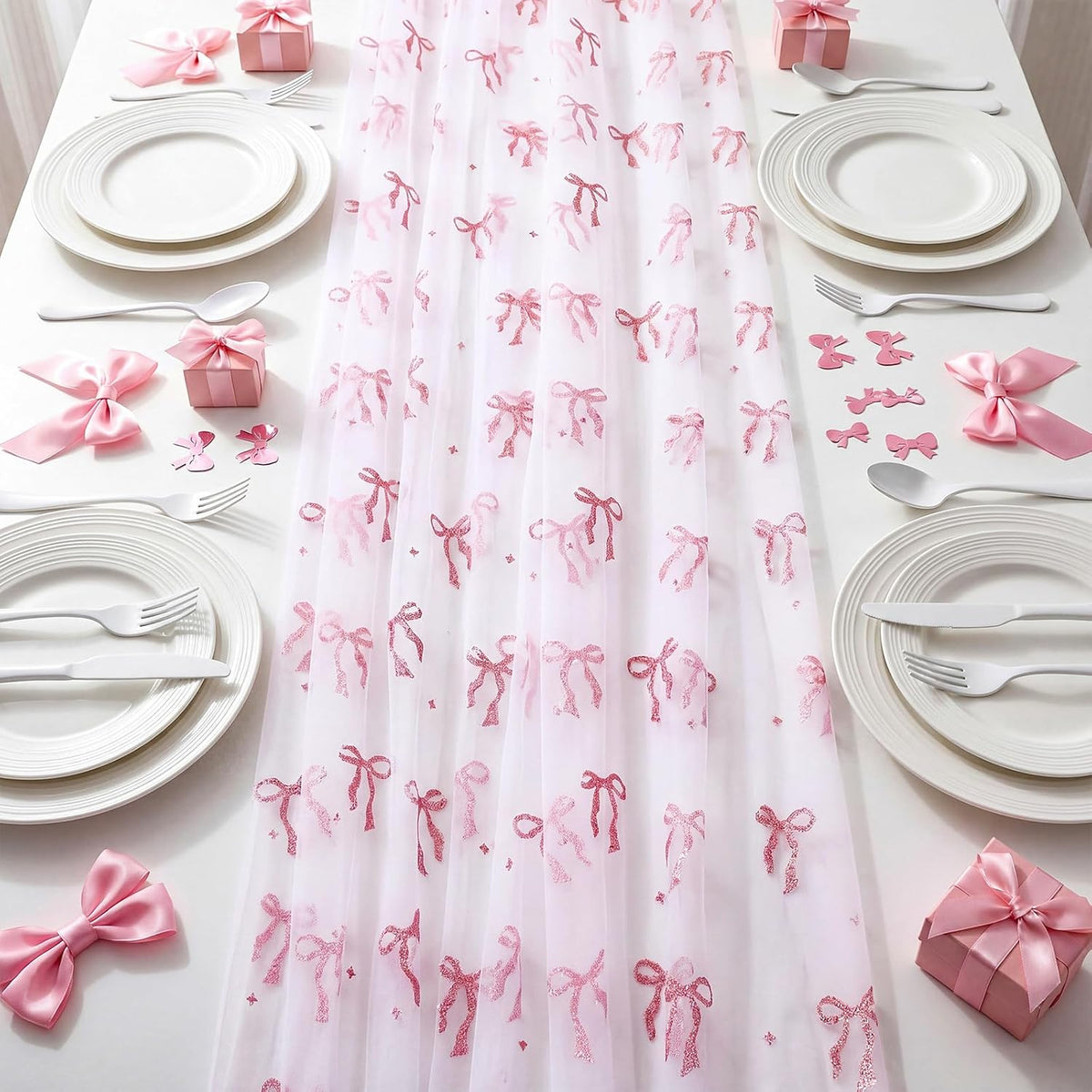4 Pcs Pink Bow Table Runner 29x70 White Tulle Lace