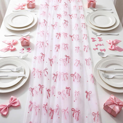 4 Pcs Pink Bow Table Runner 29x70 White Tulle Lace