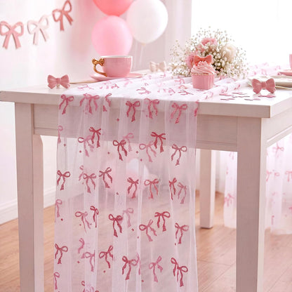4 Pcs Pink Bow Table Runner 29x70 White Tulle Lace