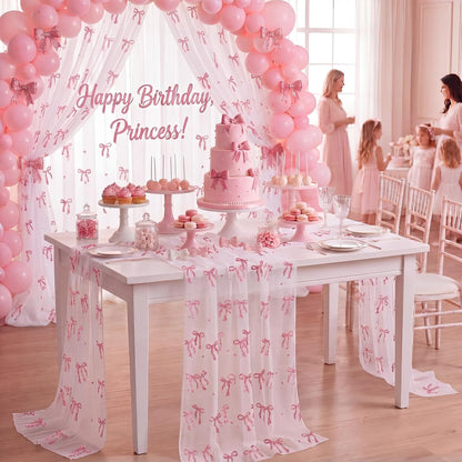 4 Pcs Pink Bow Table Runner 29x70 White Tulle Lace