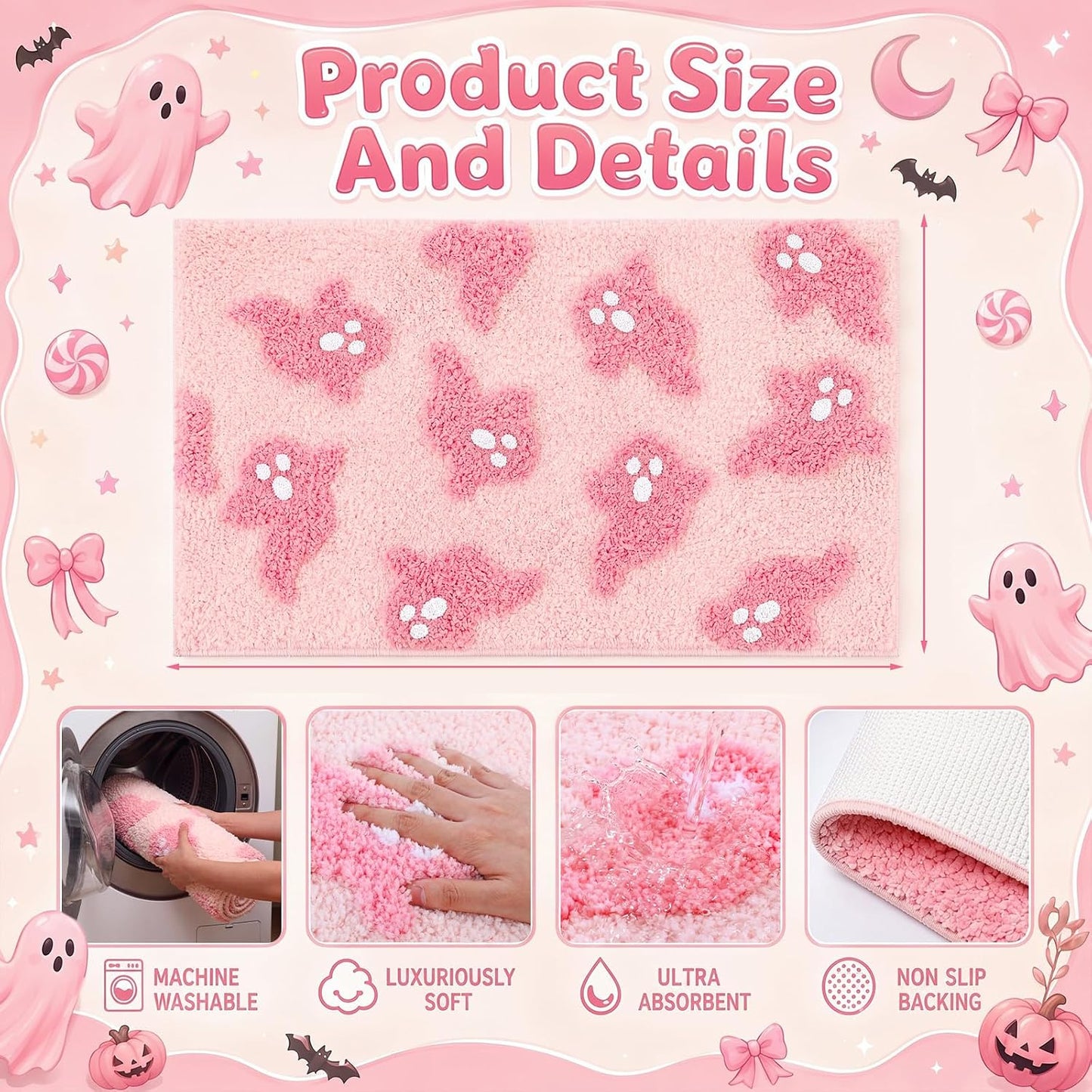 Halloween Pink Ghost Bathroom Rugs Decorations Bathroom Rugs Non Slip Door Mat for Front Door Outdoor Home Decor, 29 x 17 Inches