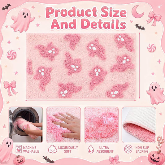 Halloween Pink Ghost Bathroom Rugs Decorations Bathroom Rugs Non Slip Door Mat for Front Door Outdoor Home Decor, 29 x 17 Inches