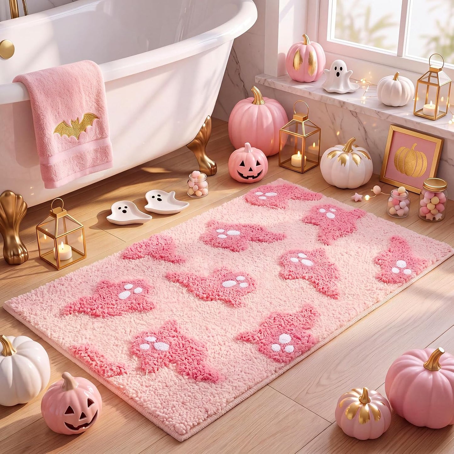 Halloween Pink Ghost Bathroom Rugs Decorations Bathroom Rugs Non Slip Door Mat for Front Door Outdoor Home Decor, 29 x 17 Inches