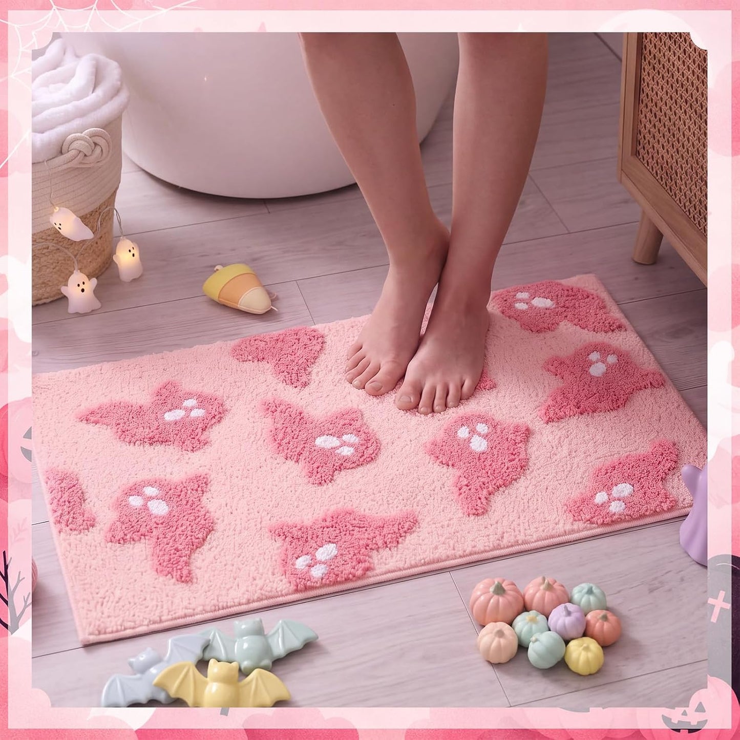 Halloween Pink Ghost Bathroom Rugs Decorations Bathroom Rugs Non Slip Door Mat for Front Door Outdoor Home Decor, 29 x 17 Inches