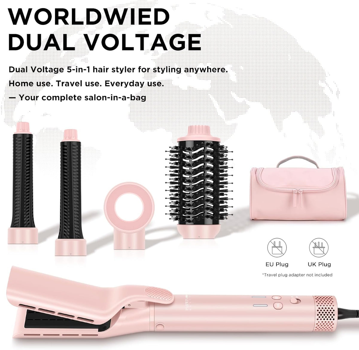 Dual Voltage Travel Hair Dryer Brush, 5-in-1 Air Styler Set with Travel Bag