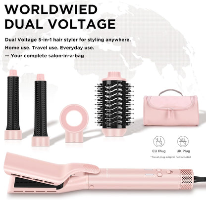 Dual Voltage Travel Hair Dryer Brush, 5-in-1 Air Styler Set with Travel Bag