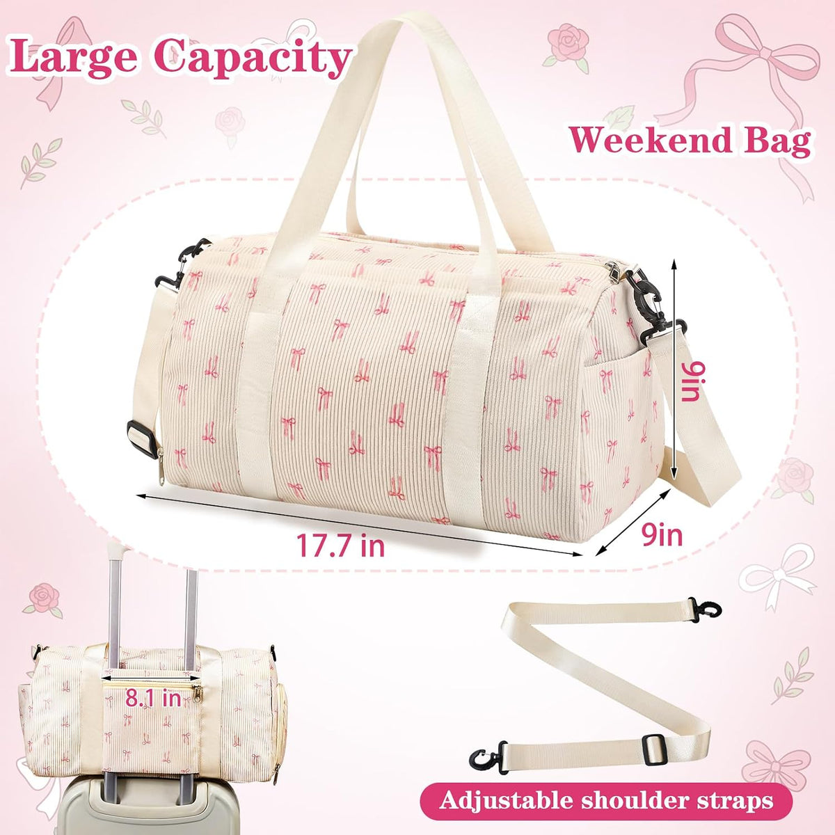 Cute Bow Gym Bag for Women Girls Overnight Bag Corduroy Duffle Dance Yoga Luggage Shoe Compartment Wet Separation Travel Luggage Organizer for Weekender Sports Barbell Dance Gifts(Pink Bow)