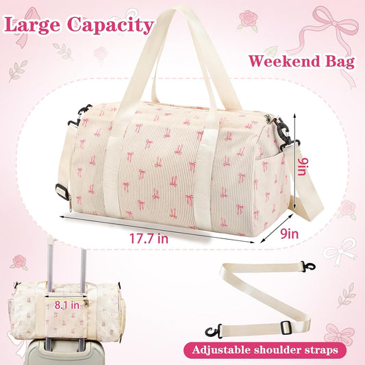Cute Bow Gym Bag for Women Girls Overnight Bag Corduroy Duffle Dance Yoga Luggage Shoe Compartment Wet Separation Travel Luggage Organizer for Weekender Sports Barbell Dance Gifts(Pink Bow)