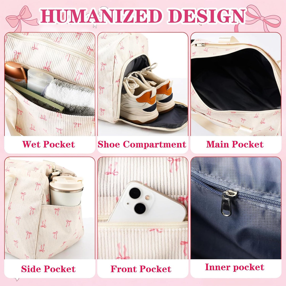 Cute Bow Gym Bag for Women Girls Overnight Bag Corduroy Duffle Dance Yoga Luggage Shoe Compartment Wet Separation Travel Luggage Organizer for Weekender Sports Barbell Dance Gifts(Pink Bow)