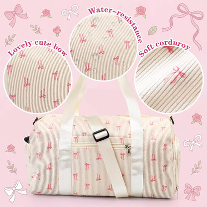 Cute Bow Gym Bag for Women Girls Overnight Bag Corduroy Duffle Dance Yoga Luggage Shoe Compartment Wet Separation Travel Luggage Organizer for Weekender Sports Barbell Dance Gifts(Pink Bow)