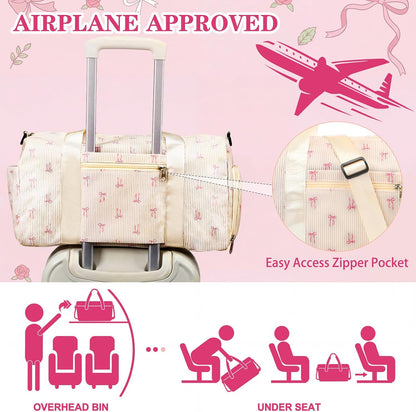 Cute Bow Gym Bag for Women Girls Overnight Bag Corduroy Duffle Dance Yoga Luggage Shoe Compartment Wet Separation Travel Luggage Organizer for Weekender Sports Barbell Dance Gifts(Pink Bow)