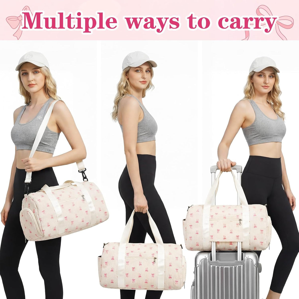 Cute Bow Gym Bag for Women Girls Overnight Bag Corduroy Duffle Dance Yoga Luggage Shoe Compartment Wet Separation Travel Luggage Organizer for Weekender Sports Barbell Dance Gifts(Pink Bow)