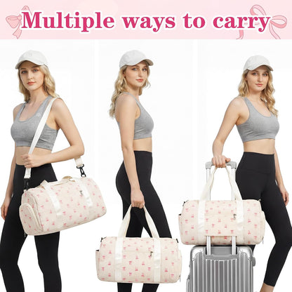 Cute Bow Gym Bag for Women Girls Overnight Bag Corduroy Duffle Dance Yoga Luggage Shoe Compartment Wet Separation Travel Luggage Organizer for Weekender Sports Barbell Dance Gifts(Pink Bow)