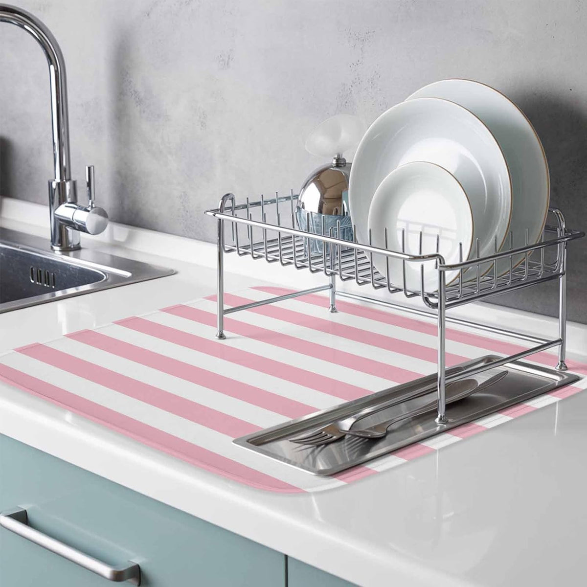 Dish Drying Mat Pink and White Stripes Kitchen Counter Drying Pad for Dishes Glasses Cups and Cookware Striped Simple Style Absorbent Dish Drying Mat Kitchen Accessories 2 Pack 16" x 18"