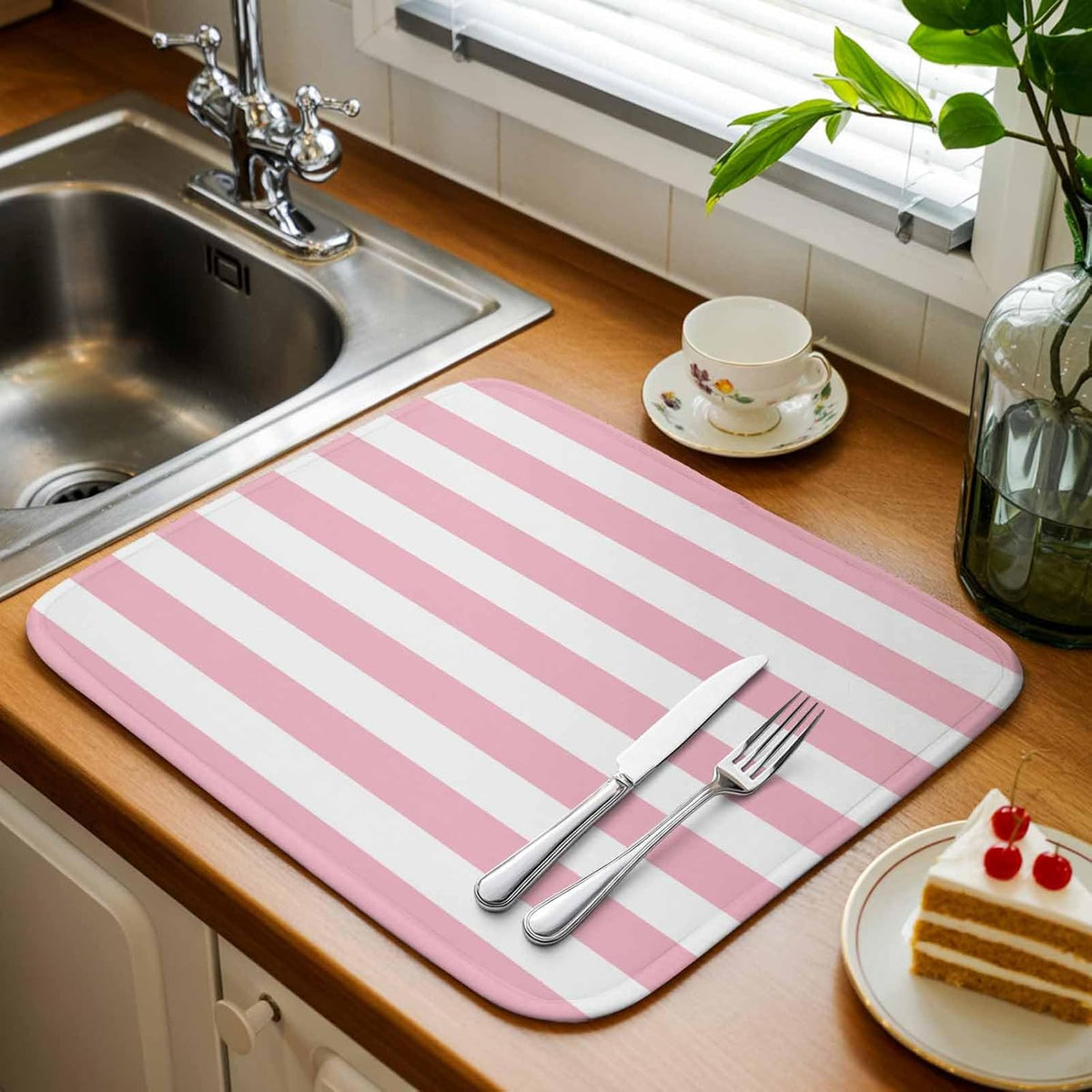 Dish Drying Mat Pink and White Stripes Kitchen Counter Drying Pad for Dishes Glasses Cups and Cookware Striped Simple Style Absorbent Dish Drying Mat Kitchen Accessories 2 Pack 16" x 18"