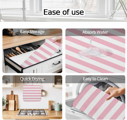 Dish Drying Mat Pink and White Stripes Kitchen Counter Drying Pad for Dishes Glasses Cups and Cookware Striped Simple Style Absorbent Dish Drying Mat Kitchen Accessories 2 Pack 16" x 18"