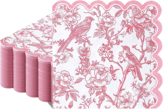 100 Pcs Pink Floral Napkins, Scalloped Birds Floral Napkins Disposable Dessert Bverage Napkin Vintage Decorative Napkin for Decoupage, Wedding,Tea Party