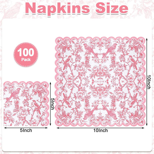 100 Pcs Pink Floral Napkins, Scalloped Birds Floral Napkins Disposable Dessert Bverage Napkin Vintage Decorative Napkin for Decoupage, Wedding,Tea Party