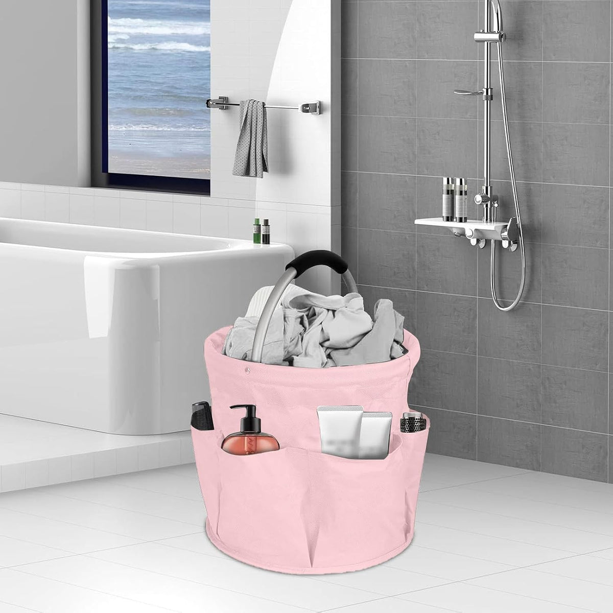 Cleaning Caddy with Handle, Foldable Bucket Tool Bag, Portable Cleaning Bag Organizer, Easy To Clean and Carry Collapsible Tools Bag for Home Garden Bathroom Beach Picnic (Pink)