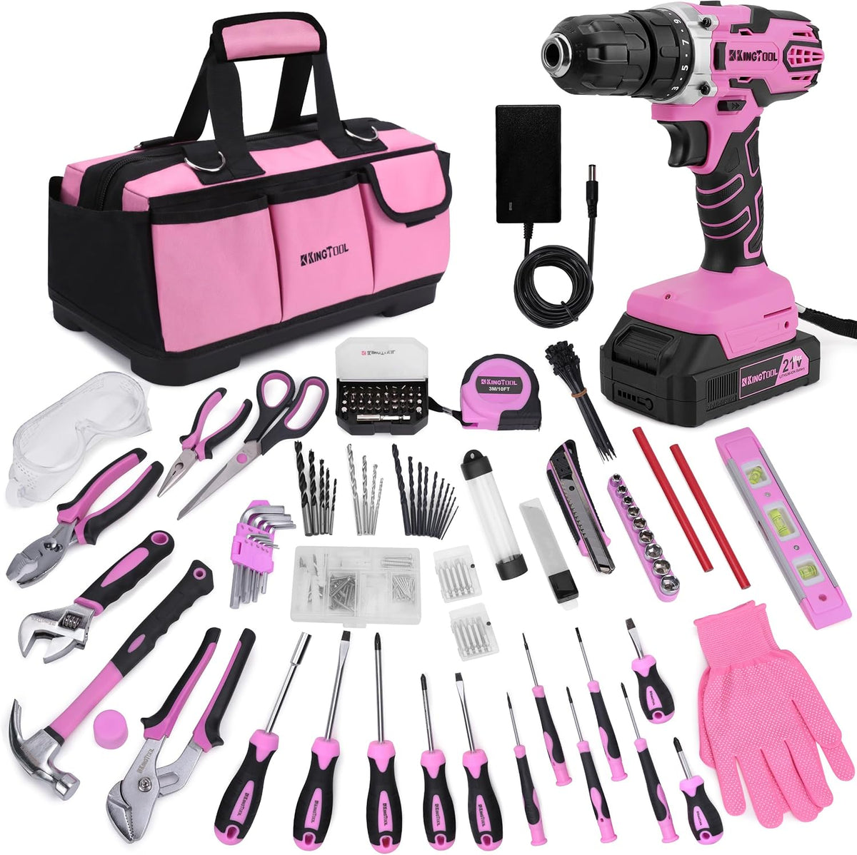 267-Piece Tool Kit Set - Pink Tool Set with 21V Cordless Pink Power Drill Driver, Tool kit for Women with Pink Tool Storage Bag, Womens Tool Kit for House, Perfect for Home DIY Projects