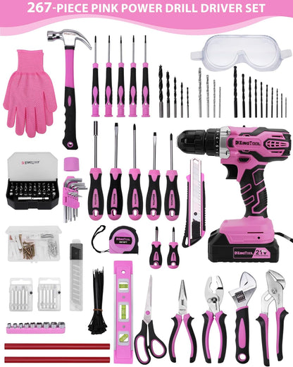 267-Piece Tool Kit Set - Pink Tool Set with 21V Cordless Pink Power Drill Driver, Tool kit for Women with Pink Tool Storage Bag, Womens Tool Kit for House, Perfect for Home DIY Projects