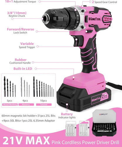 267-Piece Tool Kit Set - Pink Tool Set with 21V Cordless Pink Power Drill Driver, Tool kit for Women with Pink Tool Storage Bag, Womens Tool Kit for House, Perfect for Home DIY Projects