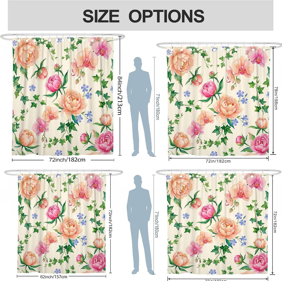Peony Shower Curtain, Floral Elegant Orchid Ivy Spring Peach Washable with Hooks Design Print Bath Curtains for Bathroom Bathtub Apartment Decor 72x72 Inch