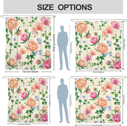 Peony Shower Curtain, Floral Elegant Orchid Ivy Spring Peach Washable with Hooks Design Print Bath Curtains for Bathroom Bathtub Apartment Decor 72x72 Inch