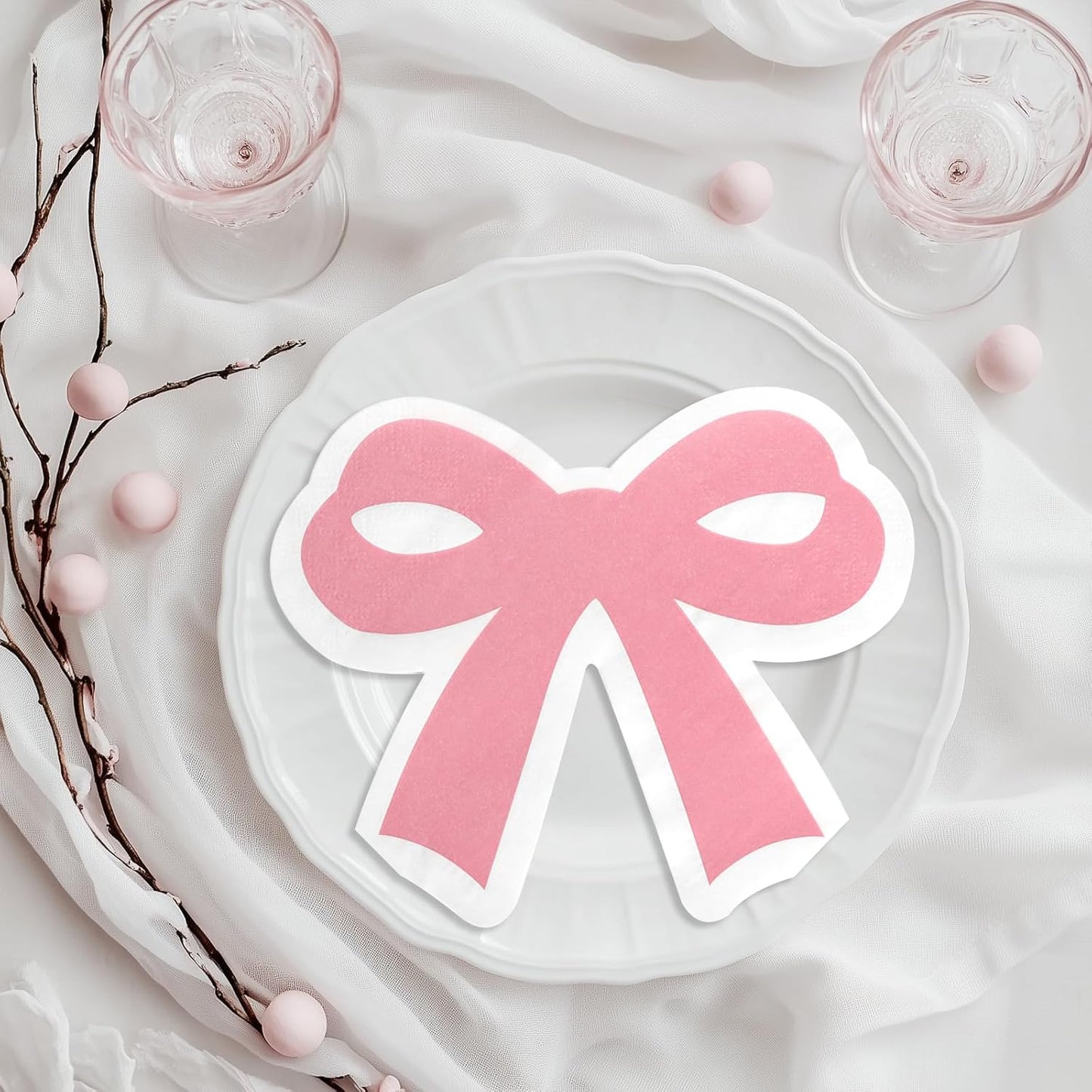 Bow Napkins, Pink Bow Party Napkins for Birthday Baby Shower Dinner Dessert, Cute, 6.4 x 5.3 Inches, 40 Count