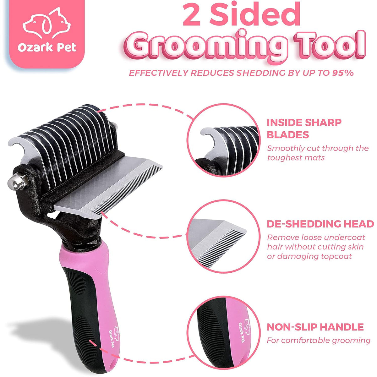 Deshedding Brush & Undercoat Rake – Double-Sided 22 & 87 Teeth Dematting Comb for Dog & Cat, Stainless Steel Grooming Tool for Loose Fur, Short to Long Hair, Reduces Shedding 95, Pink Large