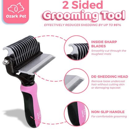 Deshedding Brush & Undercoat Rake – Double-Sided 22 & 87 Teeth Dematting Comb for Dog & Cat, Stainless Steel Grooming Tool for Loose Fur, Short to Long Hair, Reduces Shedding 95, Pink Large