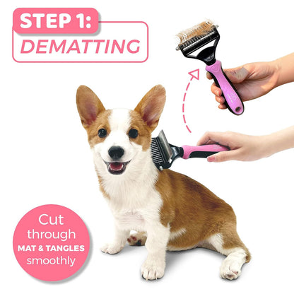 Deshedding Brush & Undercoat Rake – Double-Sided 22 & 87 Teeth Dematting Comb for Dog & Cat, Stainless Steel Grooming Tool for Loose Fur, Short to Long Hair, Reduces Shedding 95, Pink Large