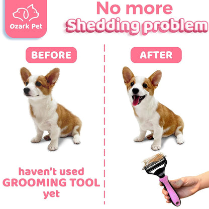 Deshedding Brush & Undercoat Rake – Double-Sided 22 & 87 Teeth Dematting Comb for Dog & Cat, Stainless Steel Grooming Tool for Loose Fur, Short to Long Hair, Reduces Shedding 95, Pink Large