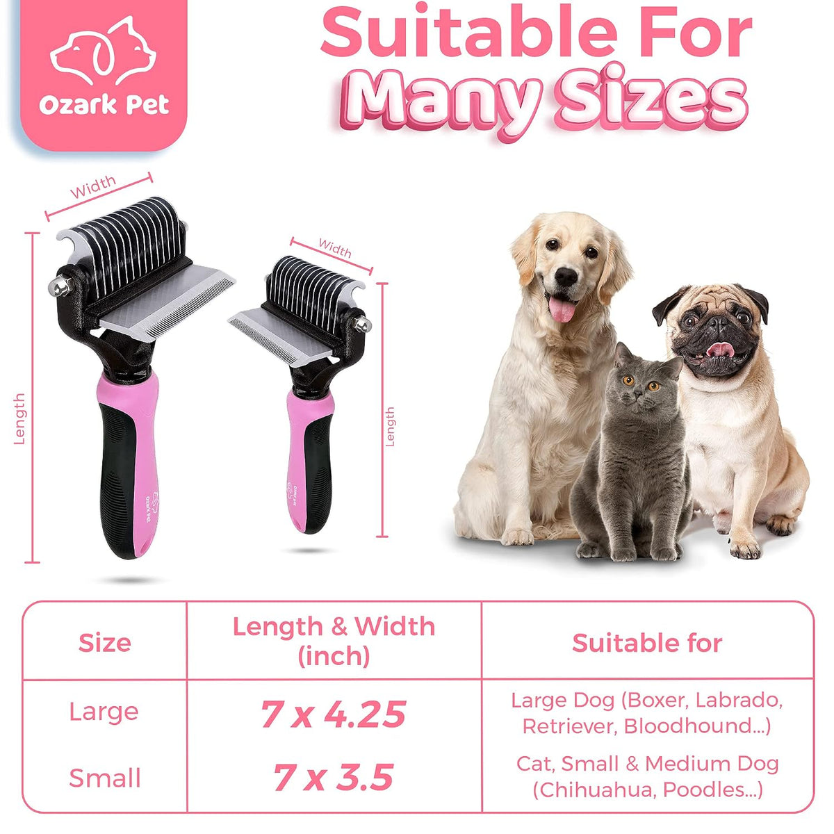 Deshedding Brush & Undercoat Rake – Double-Sided 22 & 87 Teeth Dematting Comb for Dog & Cat, Stainless Steel Grooming Tool for Loose Fur, Short to Long Hair, Reduces Shedding 95, Pink Large