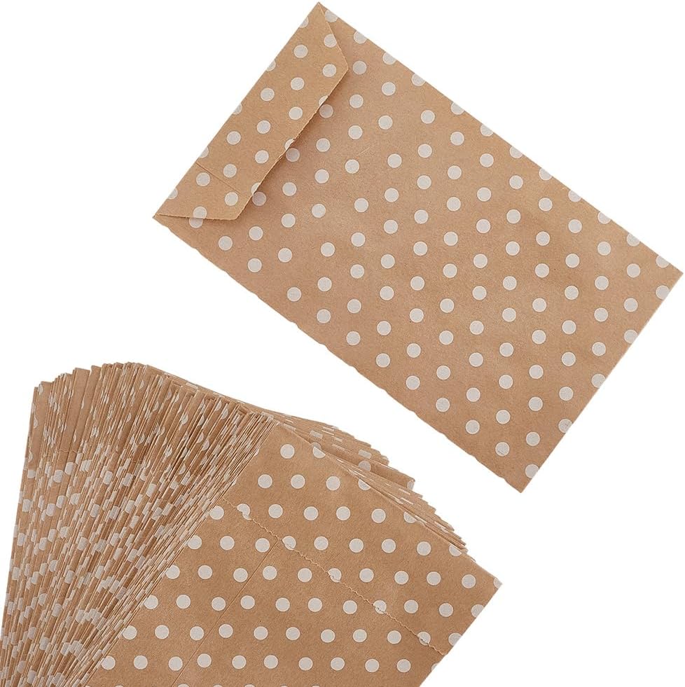 100Pcs Kraft Paper Bags with White Polka Dot Pattern Peachpuff Vintage Small No Handles Envelope Shaped Storage Bag Bulk for Gifts Wedding Party Birthday Foods DIY Artical Crafts Supply