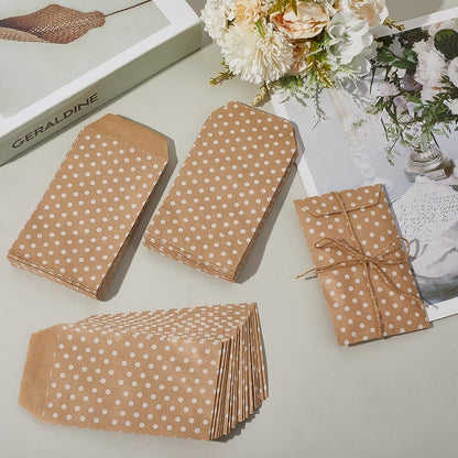 100Pcs Kraft Paper Bags with White Polka Dot Pattern Peachpuff Vintage Small No Handles Envelope Shaped Storage Bag Bulk for Gifts Wedding Party Birthday Foods DIY Artical Crafts Supply