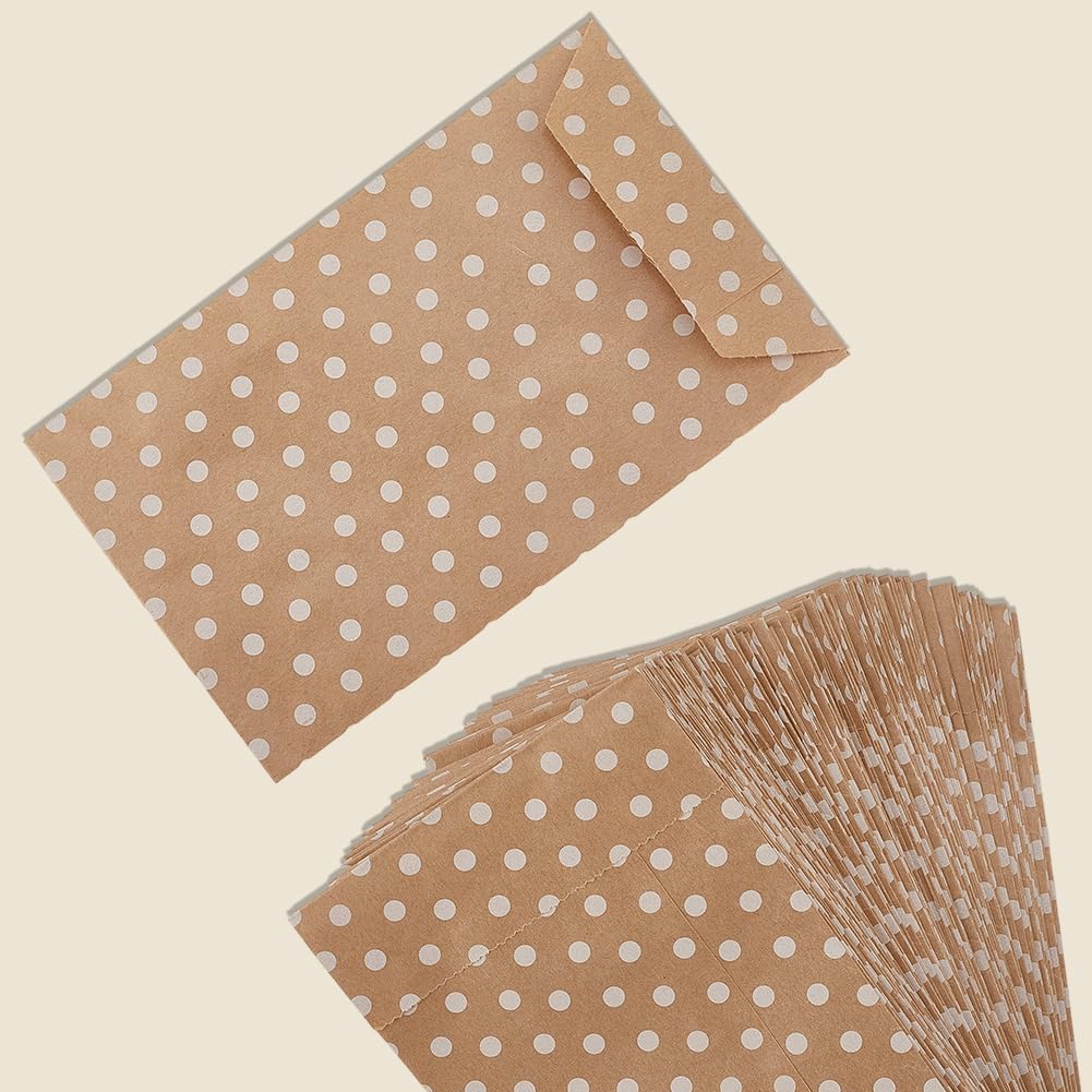 100Pcs Kraft Paper Bags with White Polka Dot Pattern Peachpuff Vintage Small No Handles Envelope Shaped Storage Bag Bulk for Gifts Wedding Party Birthday Foods DIY Artical Crafts Supply