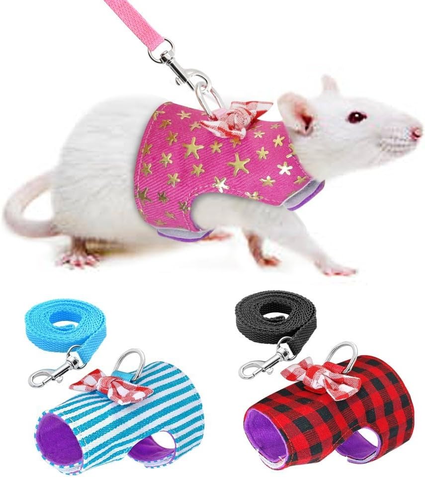 CheeseandU Small Pet Outdoor Walking Harness Vest and Leash Set with Cute Bowknot Decor Chest Strap Harness for Rat Ferret, Squirrel Hamster Clothes Accessory, Pink Star