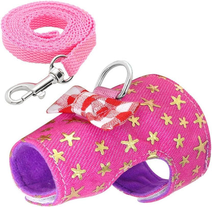 CheeseandU Small Pet Outdoor Walking Harness Vest and Leash Set with Cute Bowknot Decor Chest Strap Harness for Rat Ferret, Squirrel Hamster Clothes Accessory, Pink Star